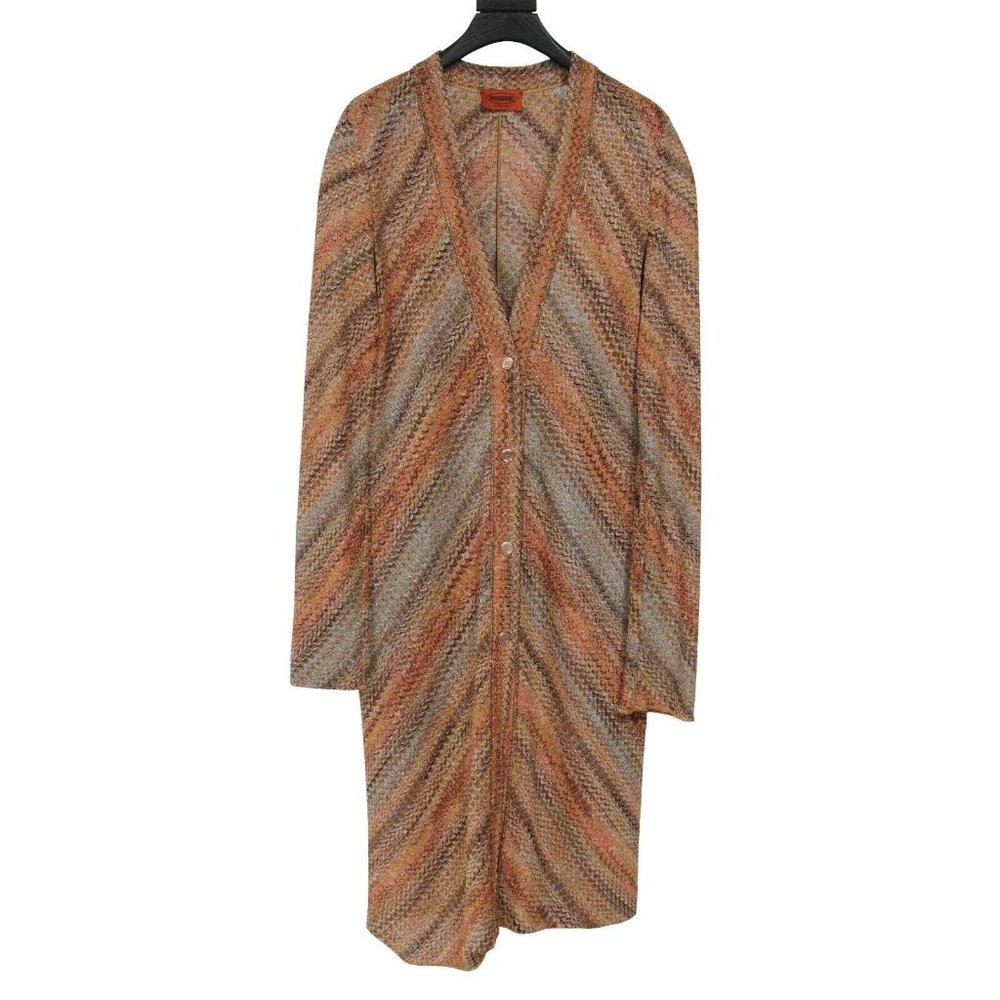 Missoni Long Cardigan 42 Tan Orange Green Black Striped Metallic Knit